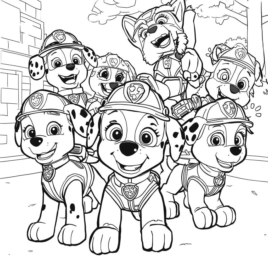 Página para colorear de Cachorros de la Patrulla Canina en acción