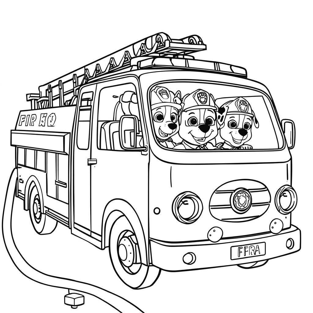 Desenho da Patrulha Canina em um Caminhão de Bombeiros para Colorir