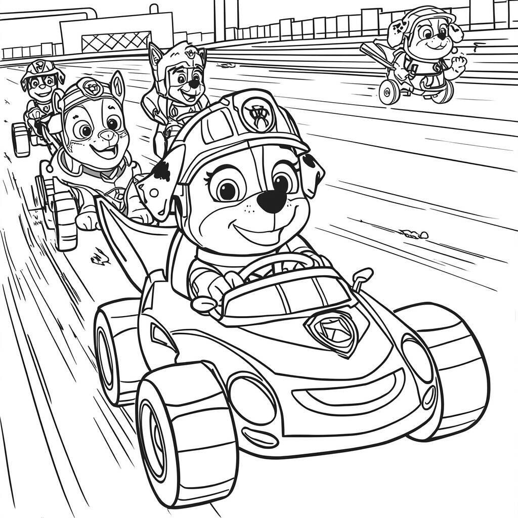 Desenho da Patrulha Canina em um Carro de Corrida para Colorir