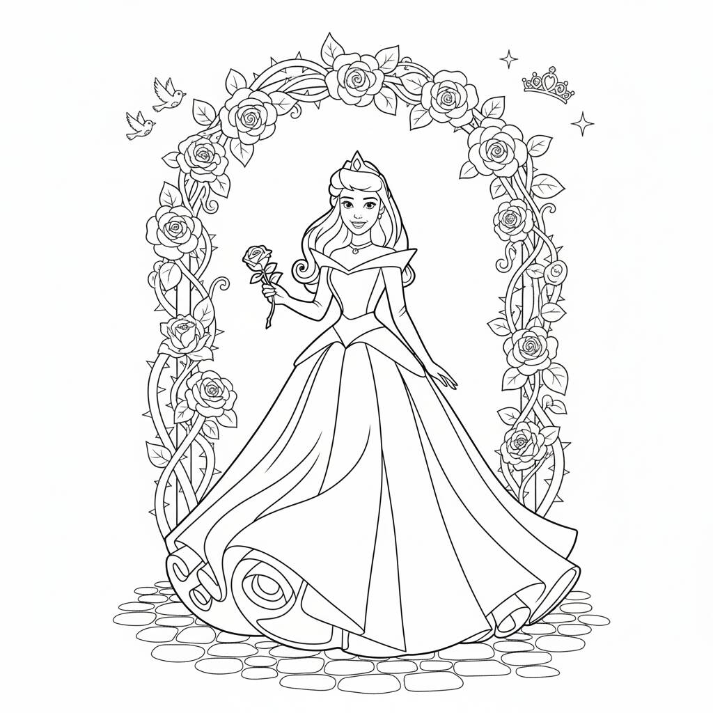 Desenho da Princesa Aurora segurando uma rosa para colorir