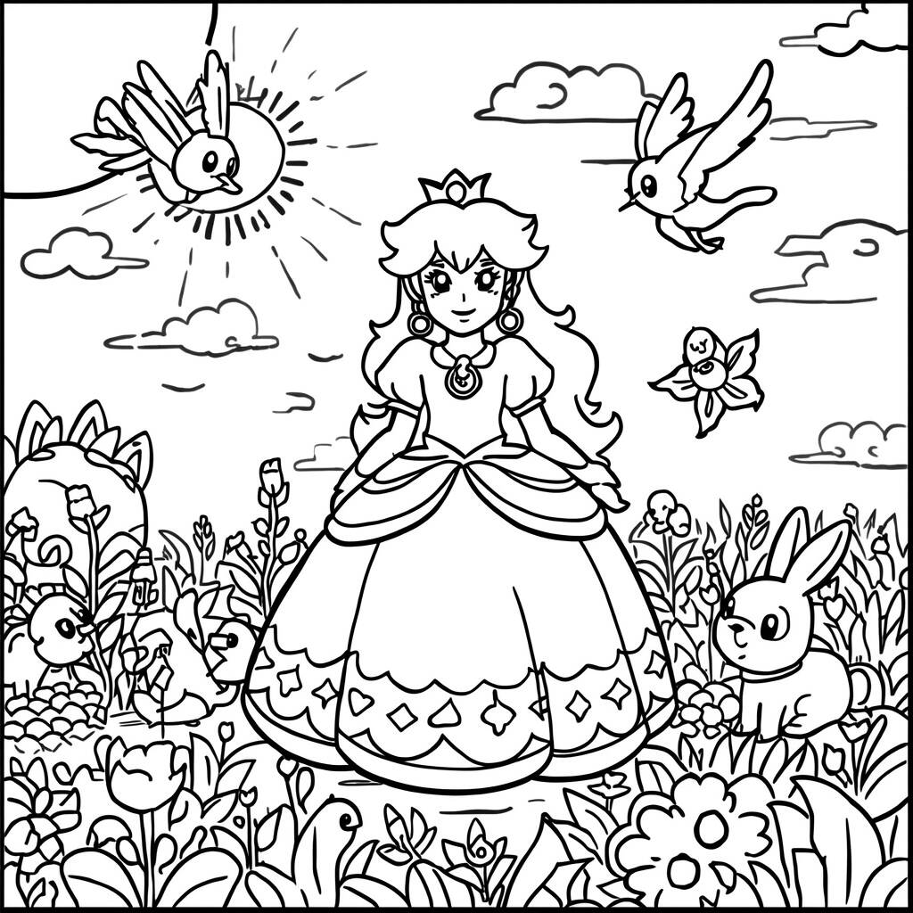 Desenho da Princesa Peach com Animais para Colorir
