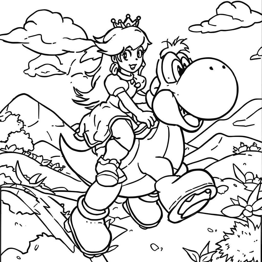 Página para colorear de la princesa Peach y Yoshi