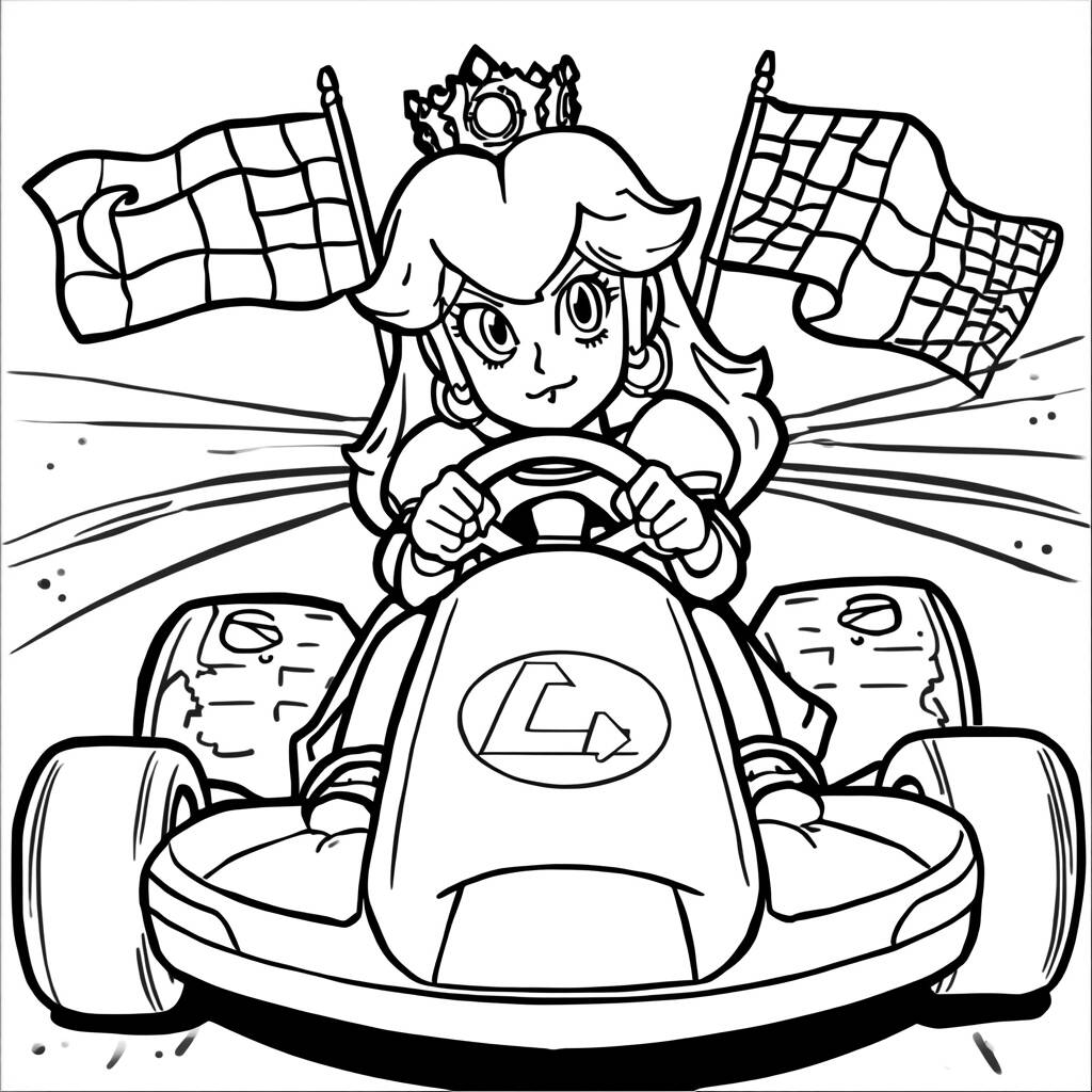 Desenho da Princesa Peach em um Carro de Correr para Colorir