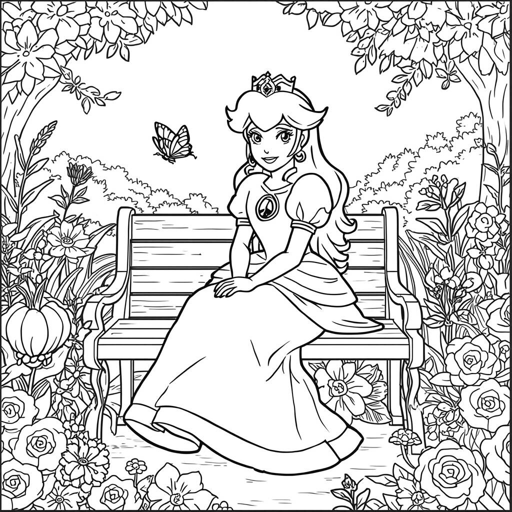 Página para colorear de la princesa Peach en un jardín