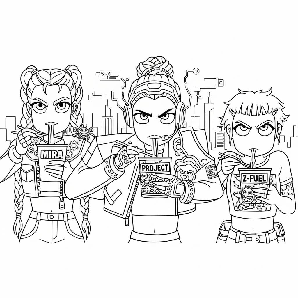 Desenho das Guerreiras do K-Pop Mira, Project e Z-Fuel para colorir