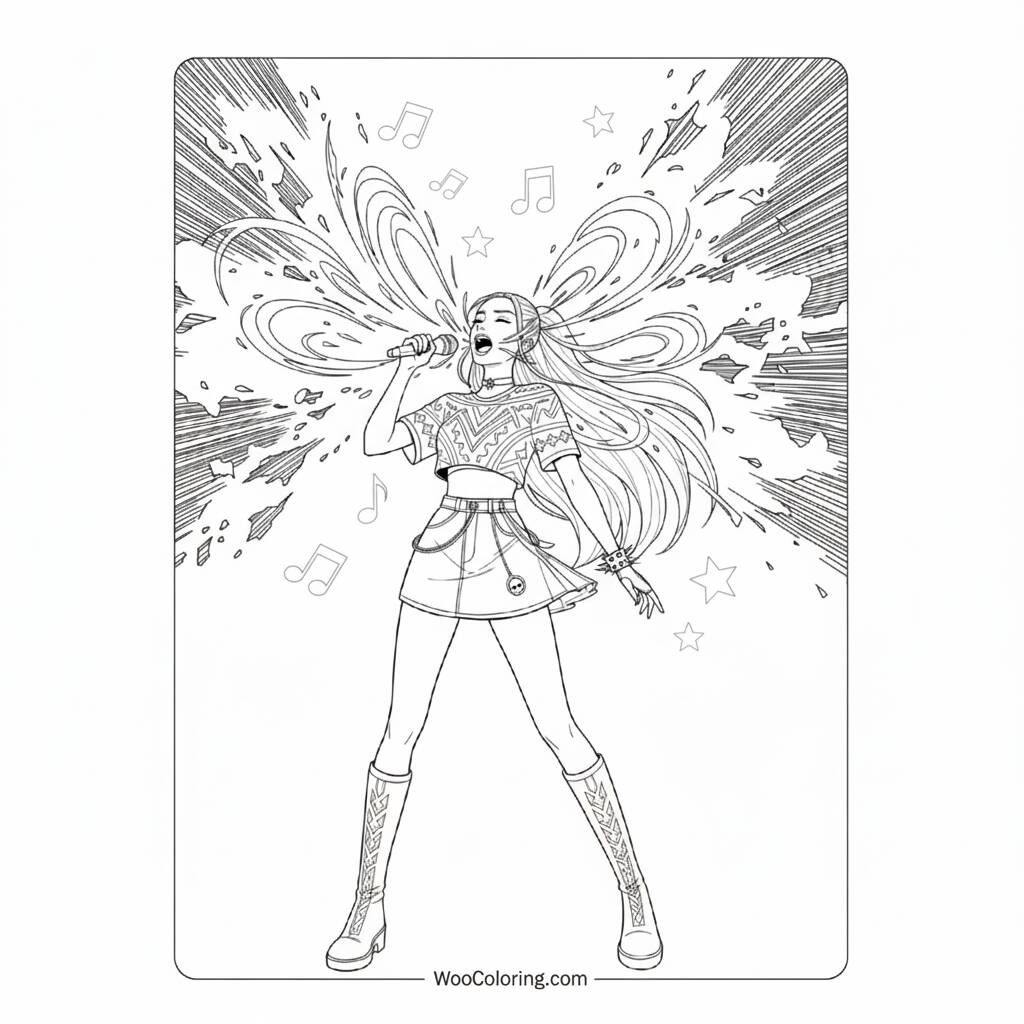 Desenho das Guerreiras do K-Pop cantando para colorir (kpop Demon Hunters)