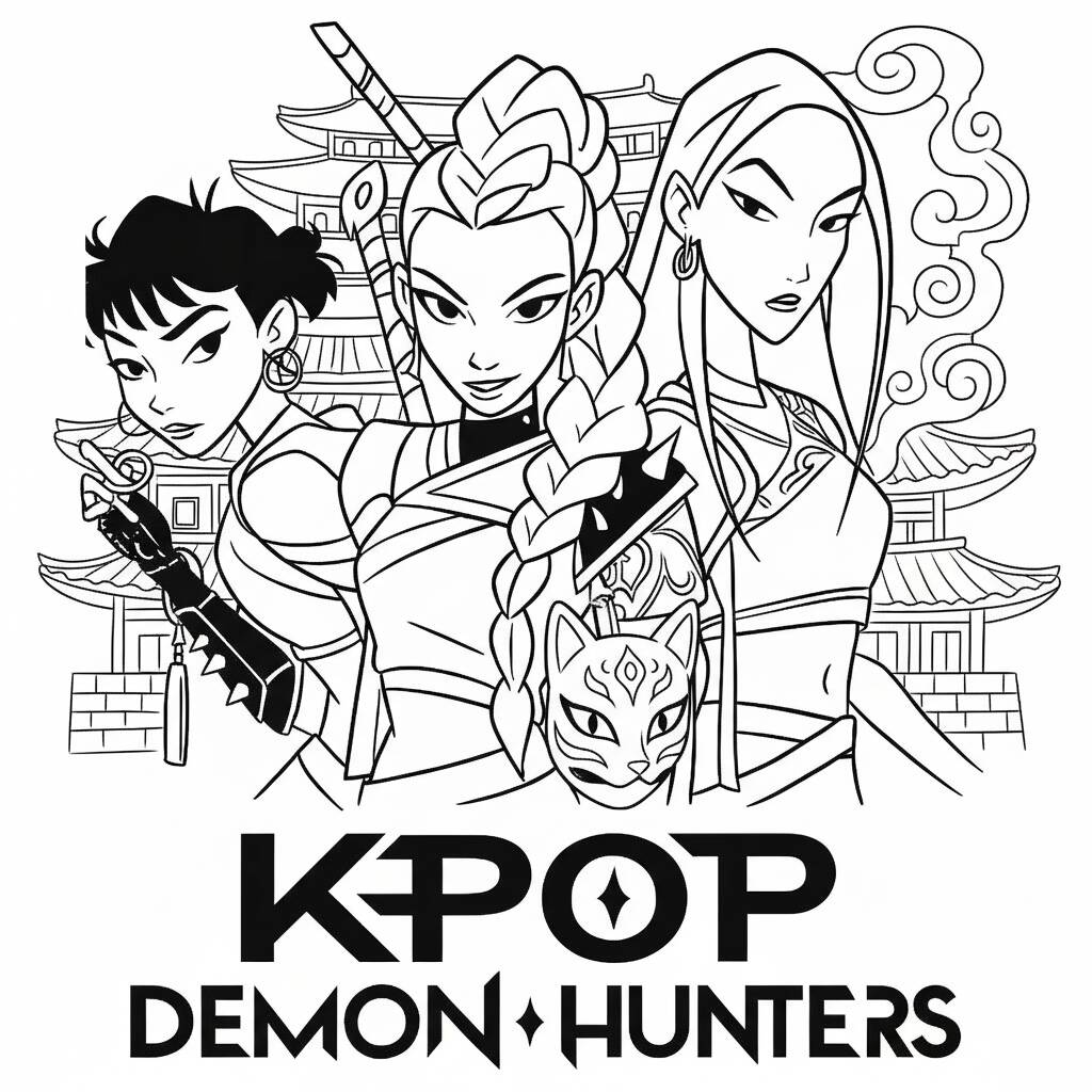 Desenho das Guerreiras do K-Pop com Rumi, Mira e Zoey para colorir (kpop Demon Hunters)
