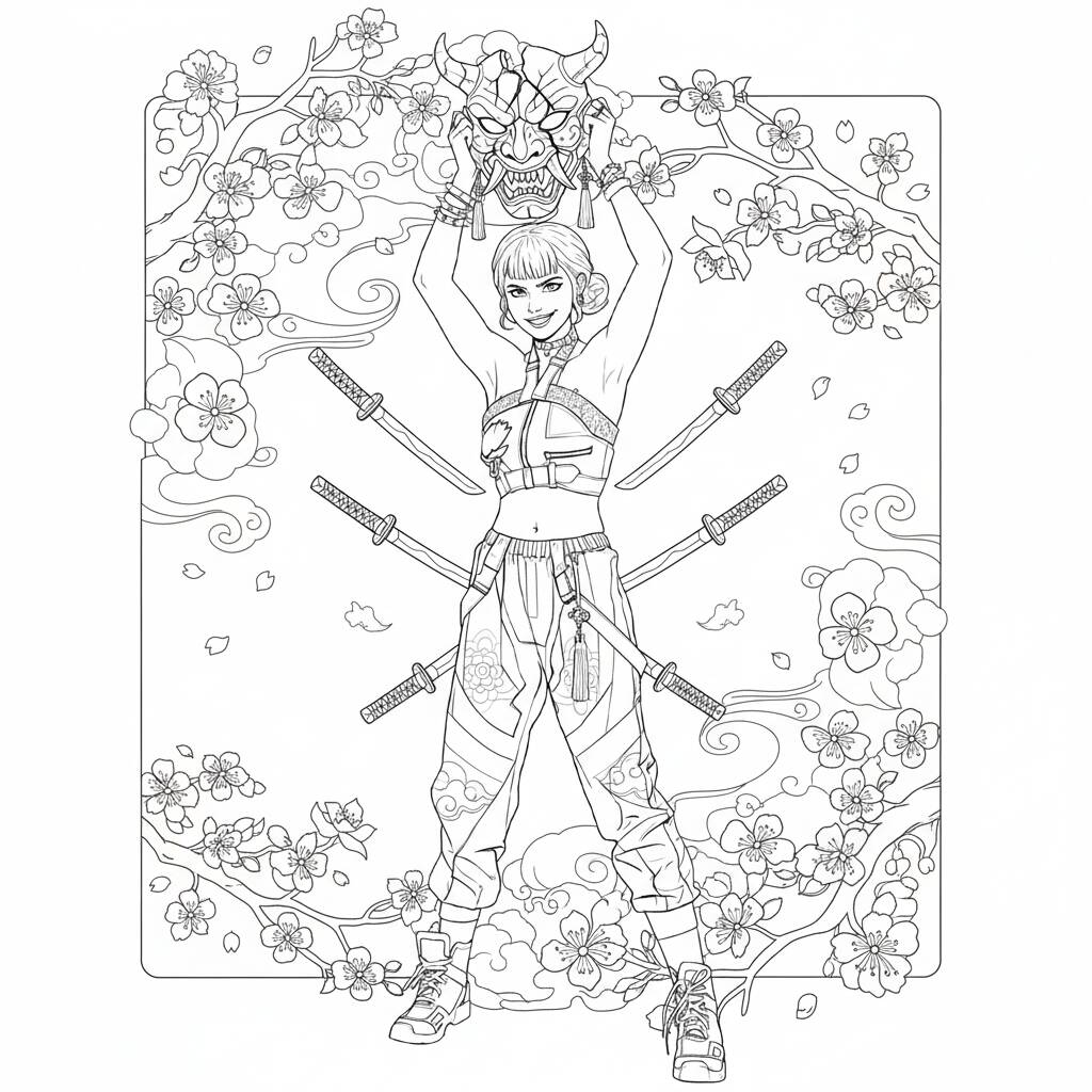 Desenho das Guerreiras do K-Pop com a lutadora poderosa para colorir