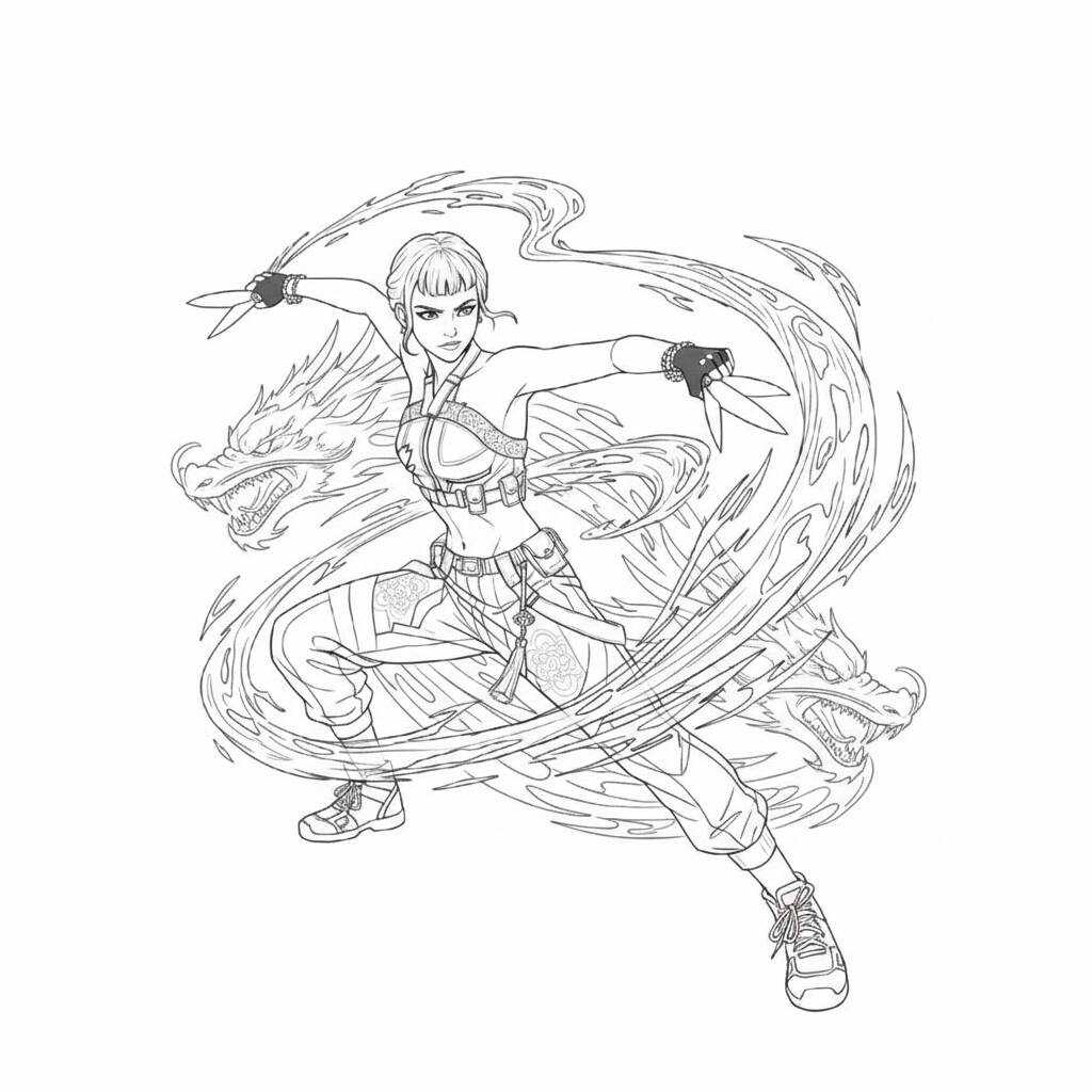 Desenho das Guerreiras do K-Pop com a lutadora poderosa para colorir