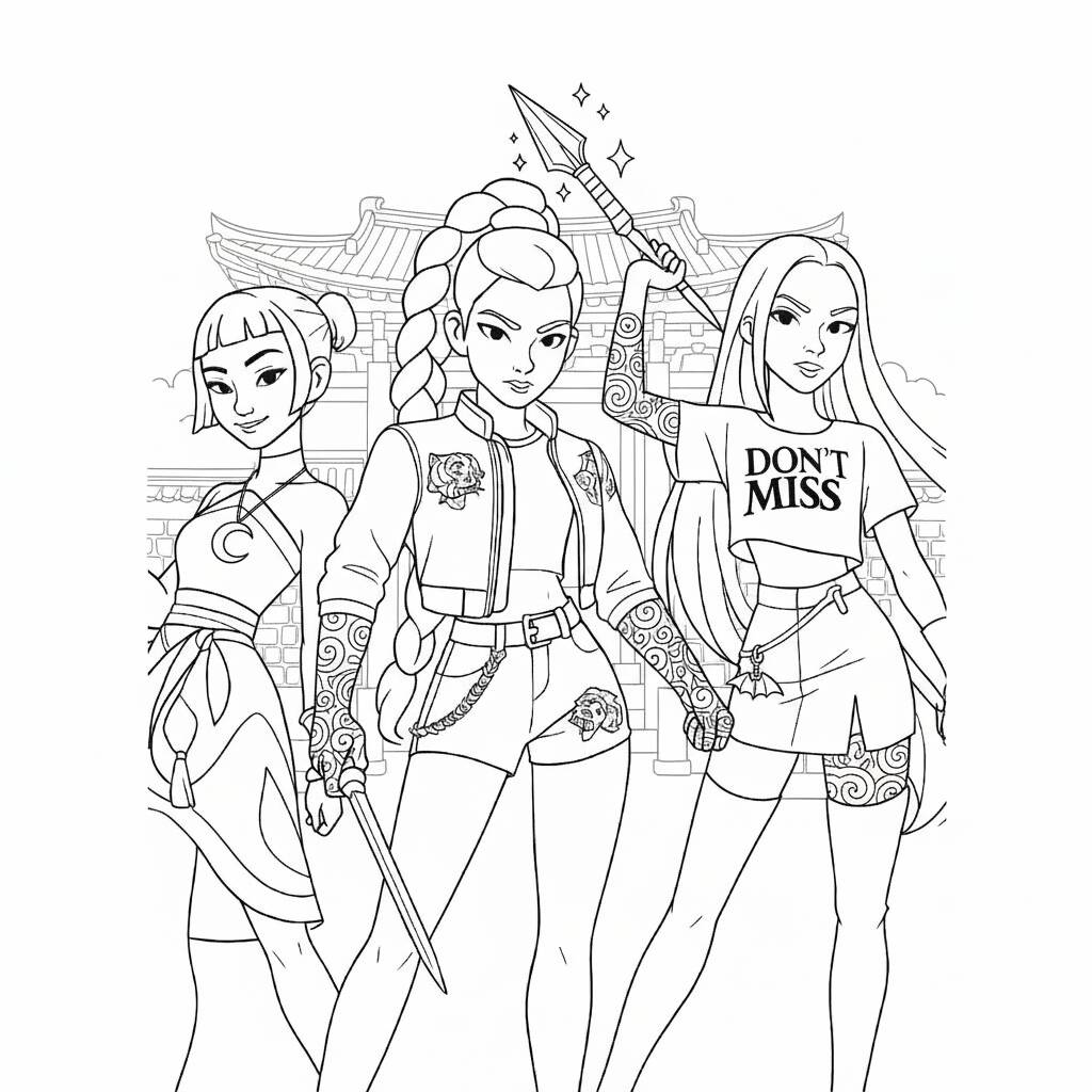 Desenho das Guerreiras do K-Pop com armas e estilo para colorir