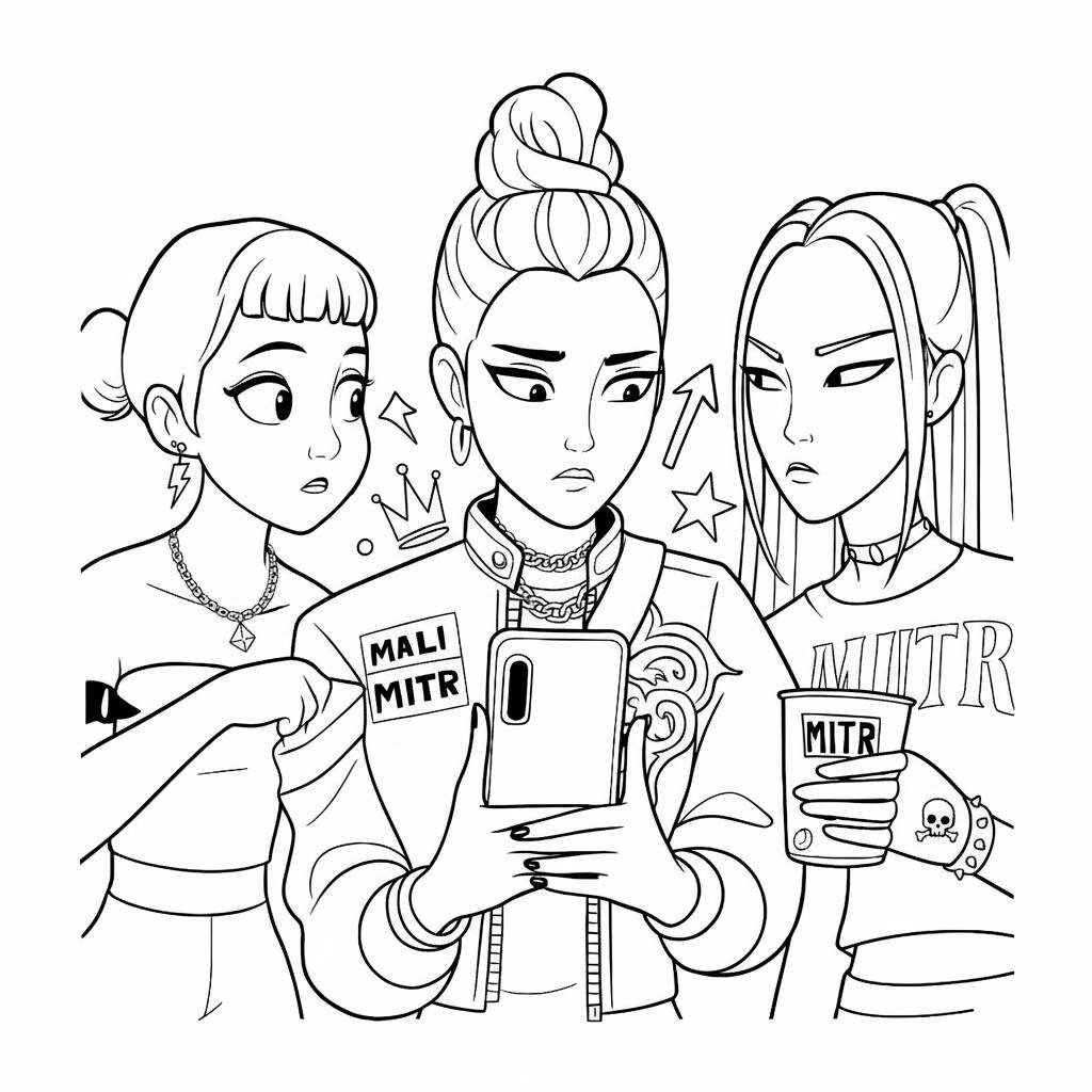 Desenho das Guerreiras do K-Pop com as amigas para colorir (kpop Demon Hunters)