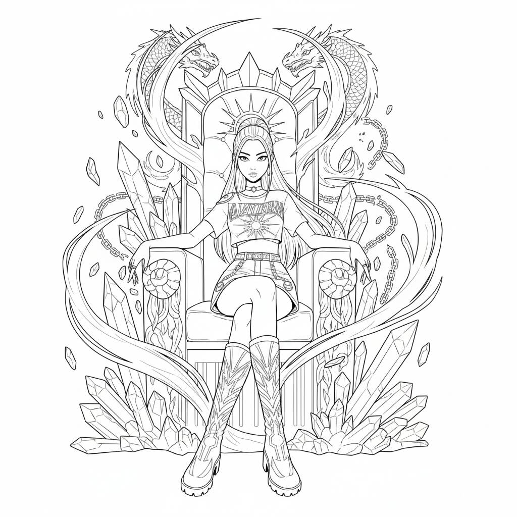 Desenho das Guerreiras do K-Pop com dragões e cristais para colorir