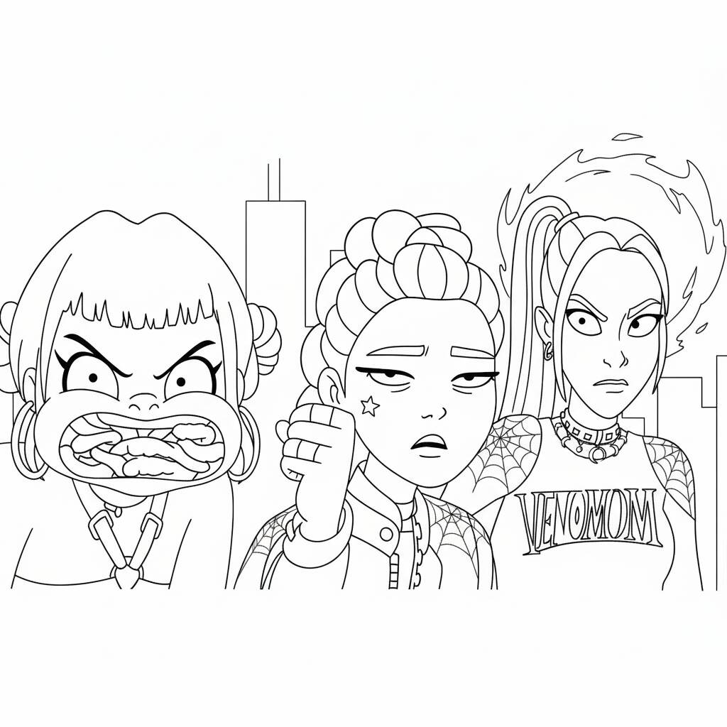 Desenho das Guerreiras do K-Pop com estilo para colorir