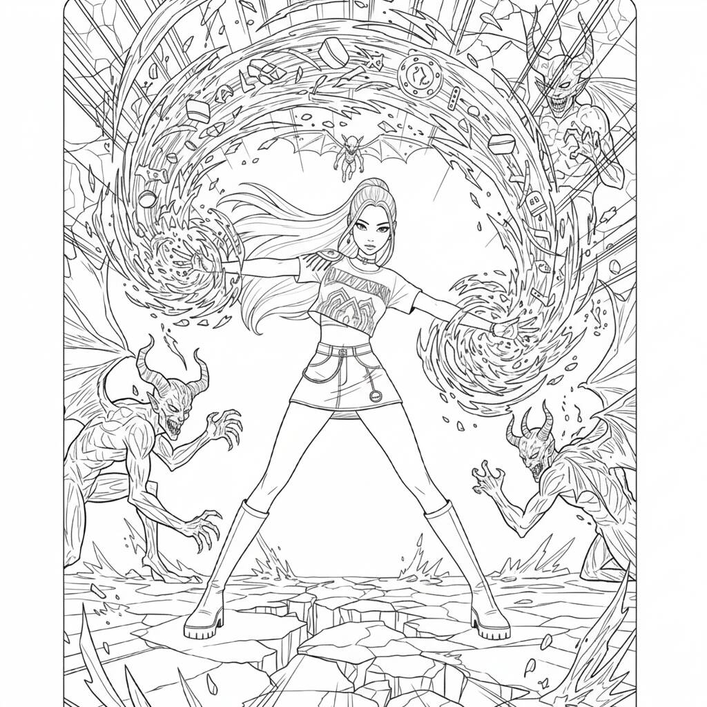 Desenho das Guerreiras do K-Pop com poderes mágicos para colorir