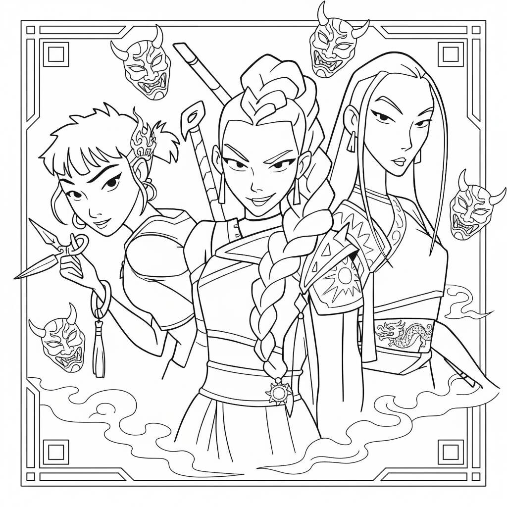 Desenho das Guerreiras do K-Pop em ação para colorir