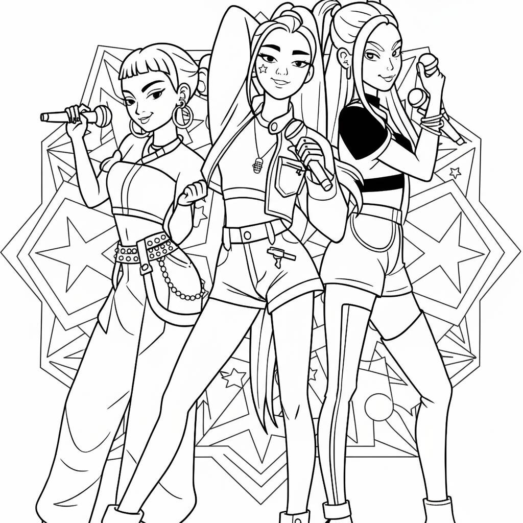 Desenho das Guerreiras do K-Pop em ação para colorir