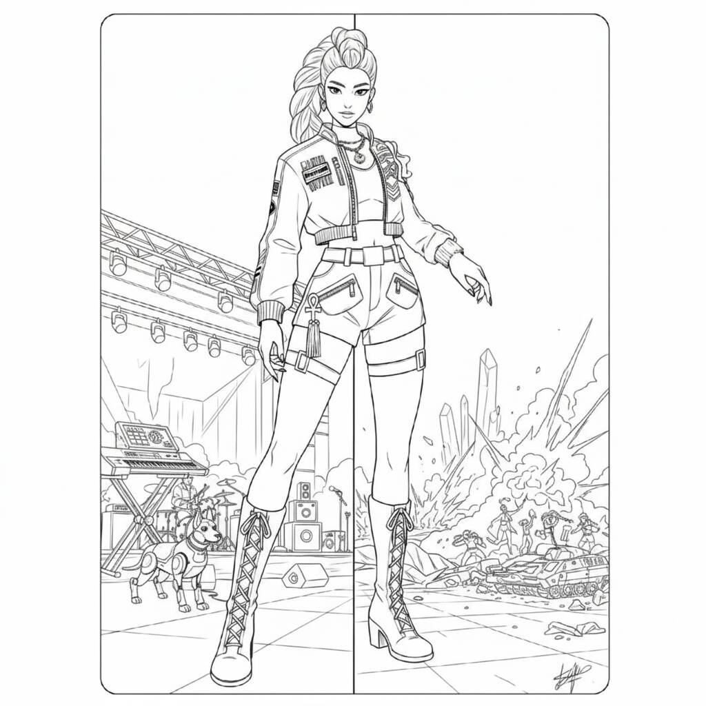 Desenho das Guerreiras do K-Pop em ação para colorir