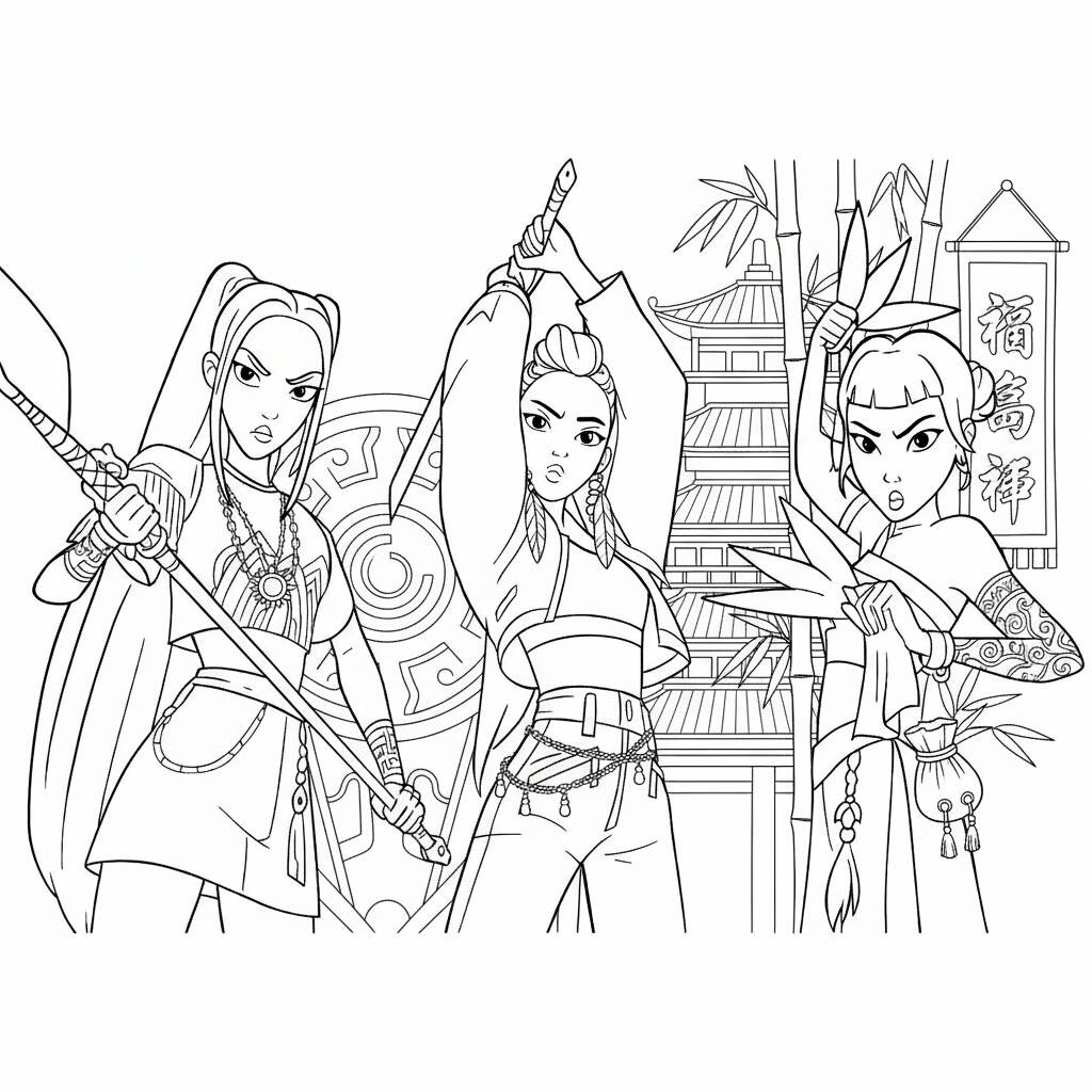Desenho das Guerreiras do K-Pop em ação para colorir