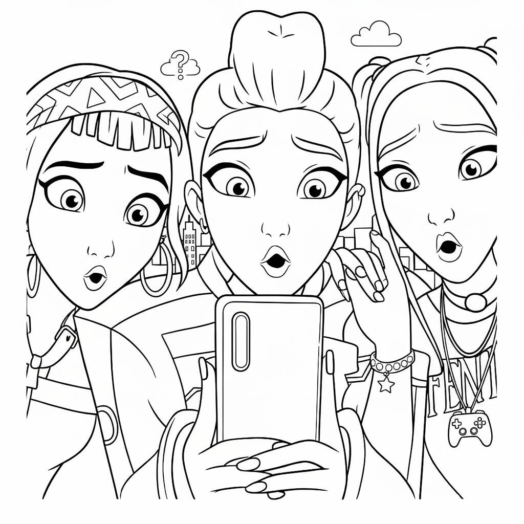 Desenho das Guerreiras do K-Pop em momento de surpresa para colorir