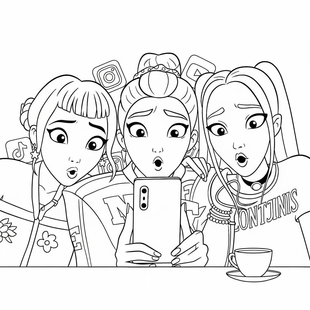 Dibujo para colorear de K-Pop Warriors en un momento divertido