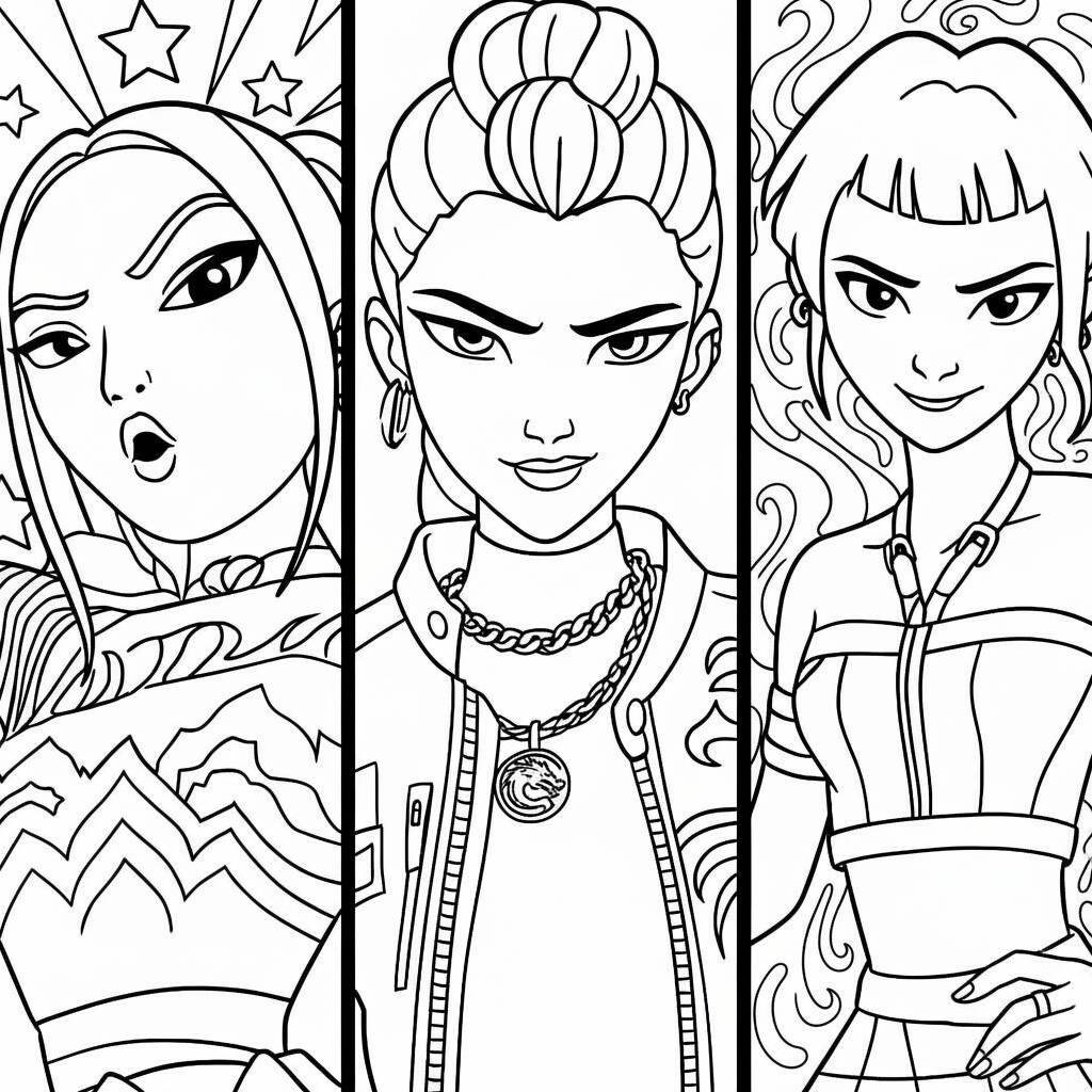 Desenho das Guerreiras do K-Pop empoderadas para colorir