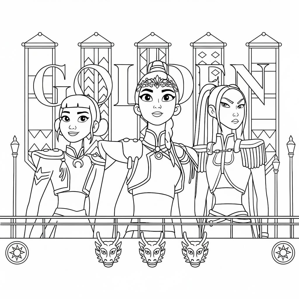 Desenho das Guerreiras do K-Pop poderosas para colorir (kpop Demon Hunters)