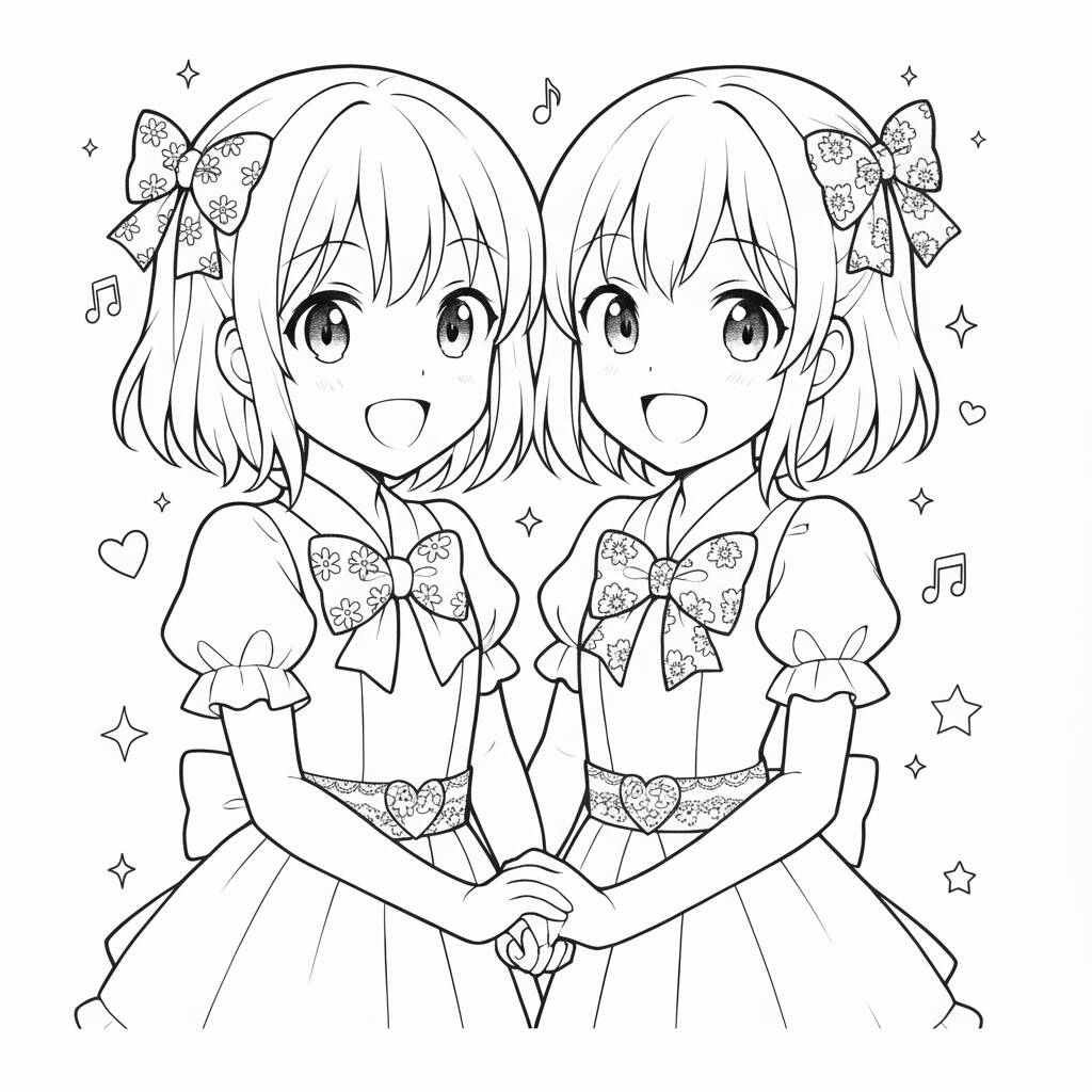 Desenho de Anime com duas garotas fofas para colorir