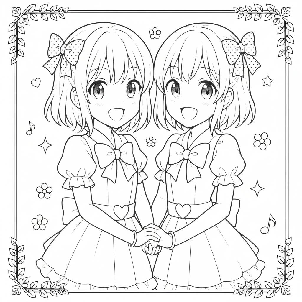 Desenho de Anime com duas garotas sorrindo para colorir