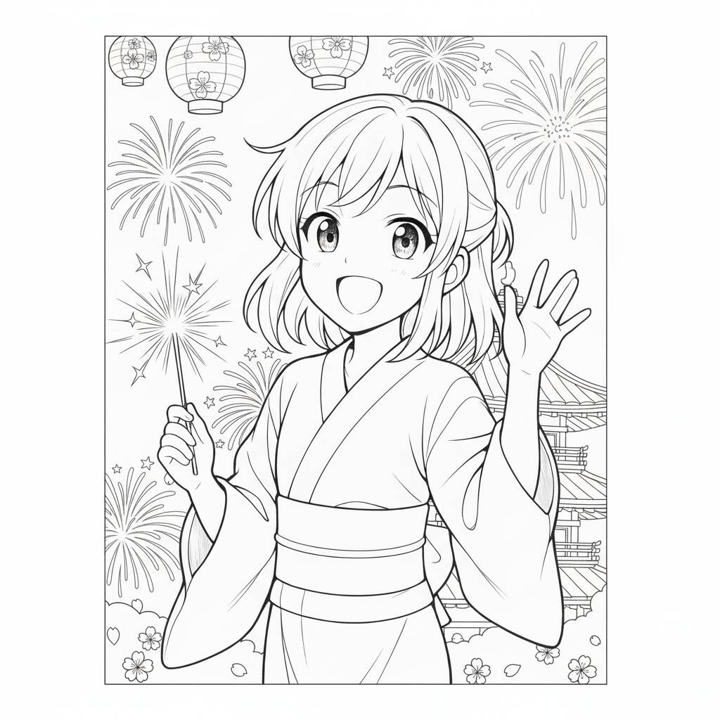 Desenho de Anime com garota de kimono para colorir