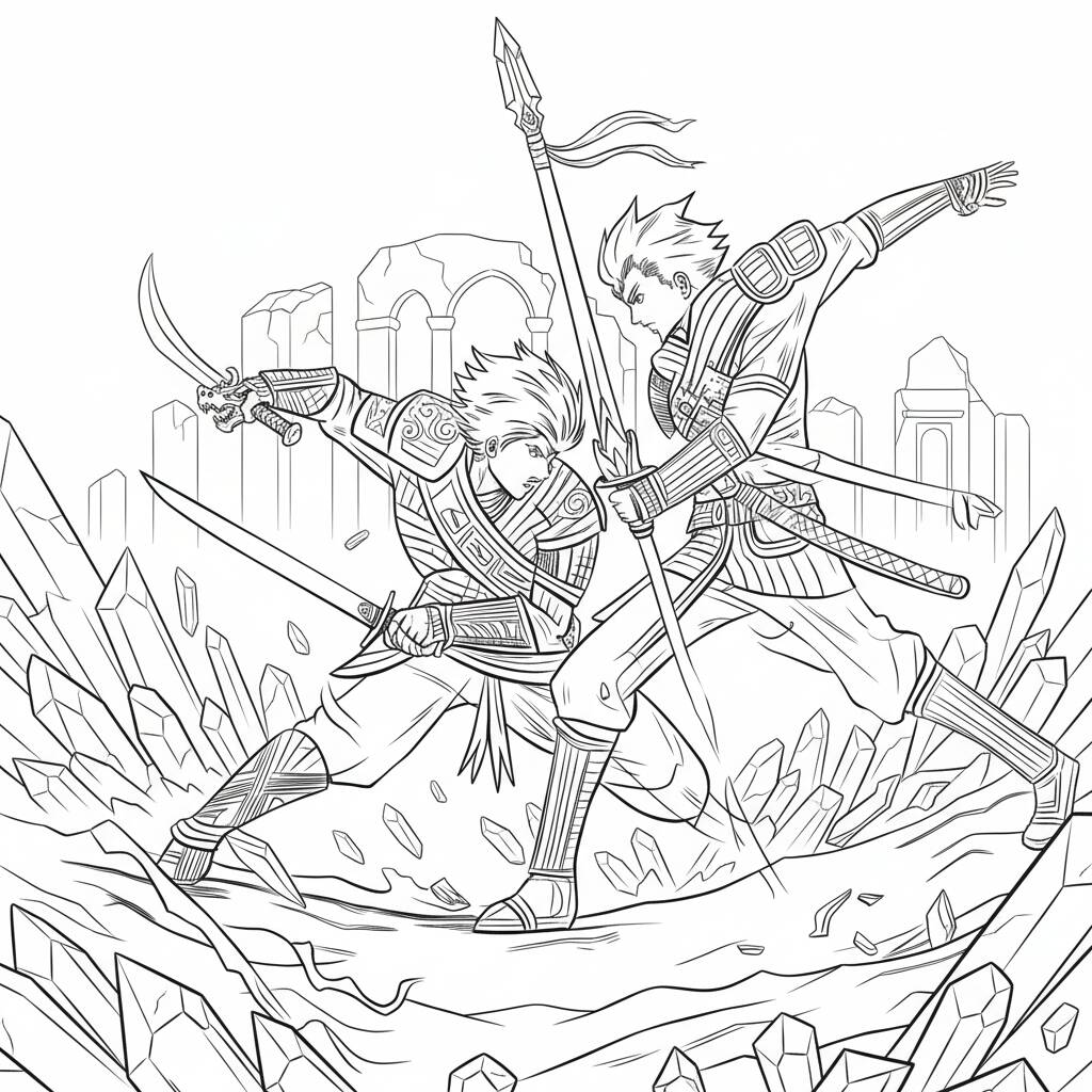 Desenho de Anime com guerreiros lutando para colorir