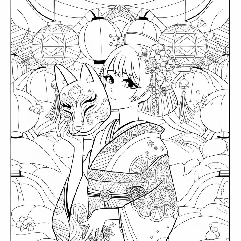 Desenho de Anime com uma garota e uma máscara para colorir