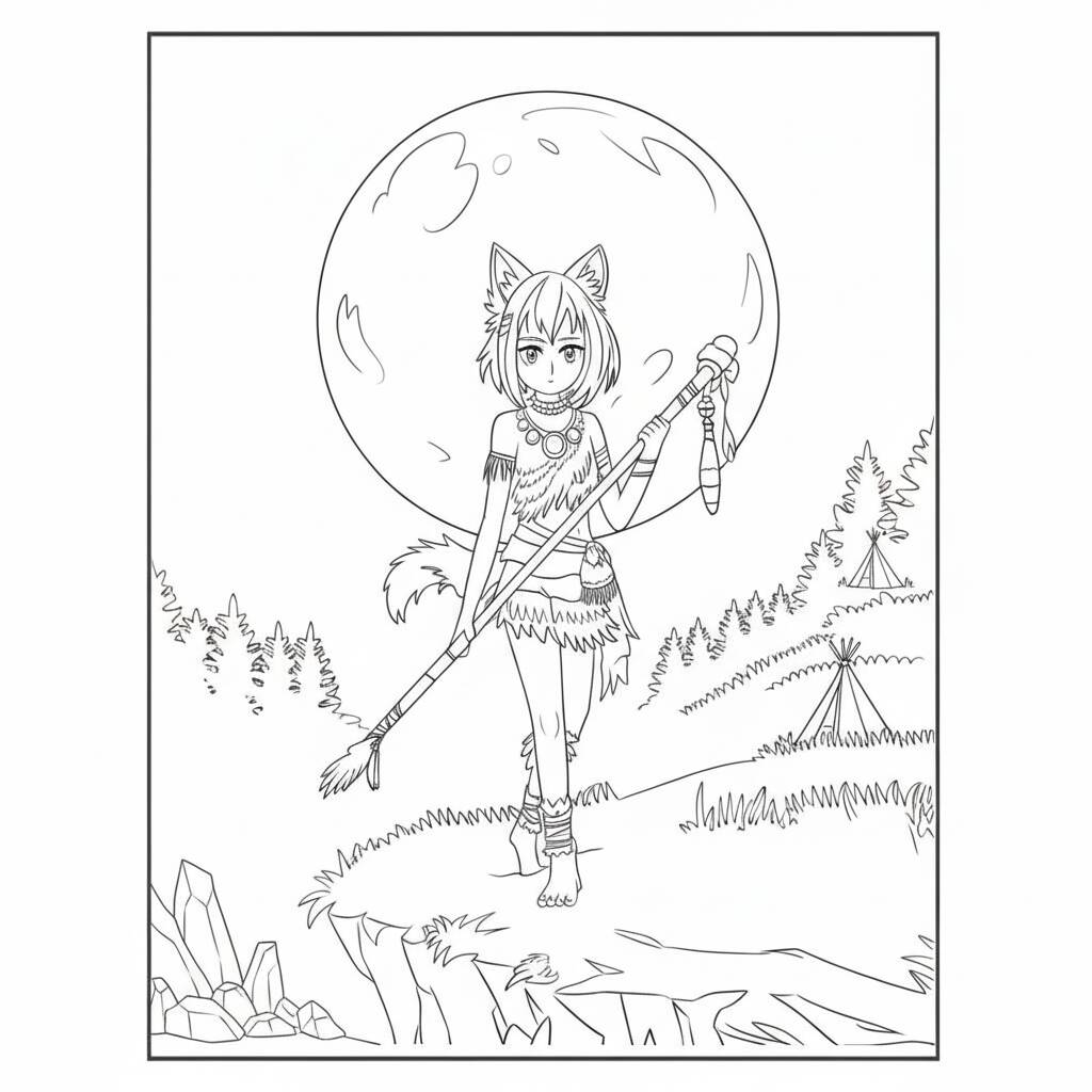 Desenho de Anime com uma garota loba para colorir