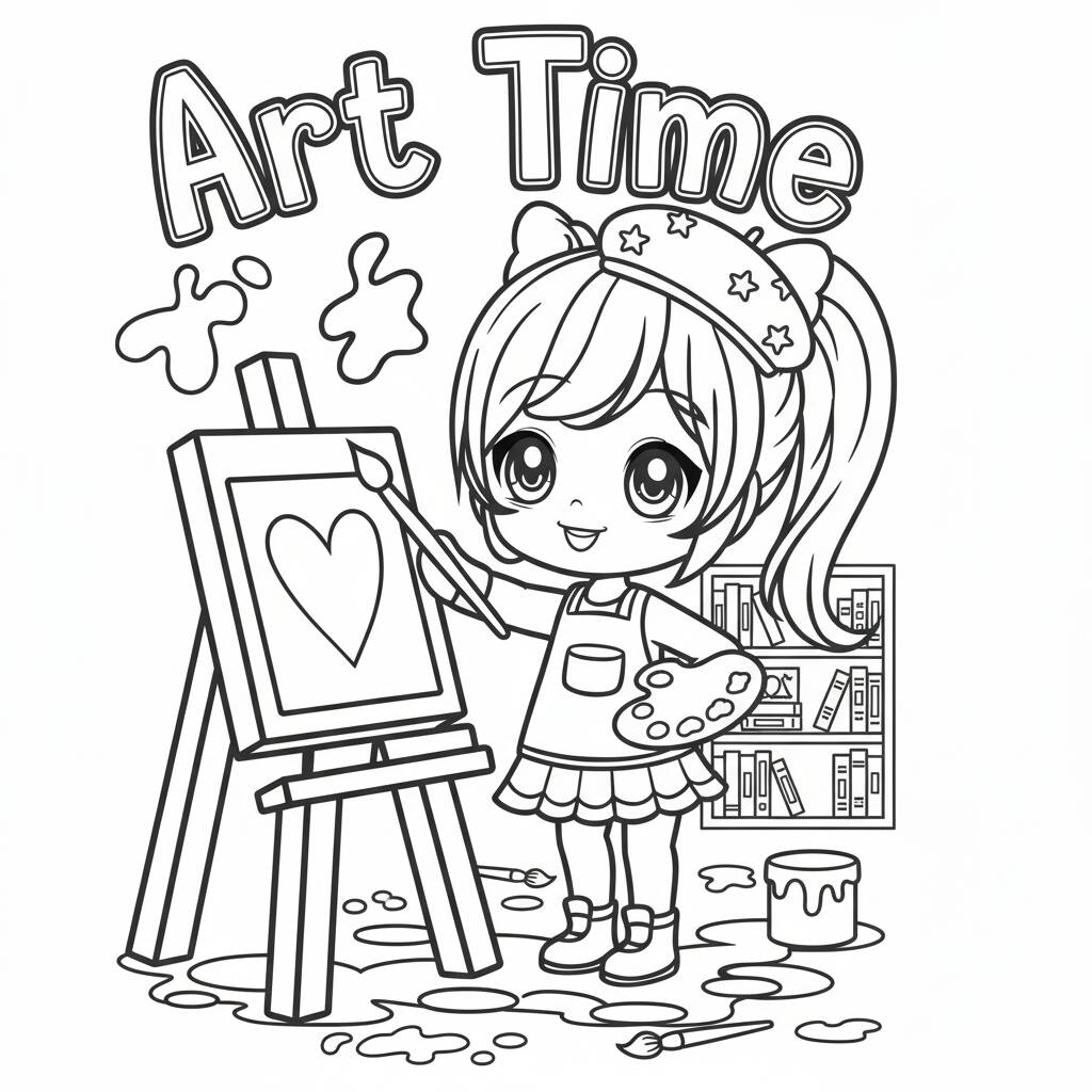 Desenho de Anime com uma garota pintando para colorir