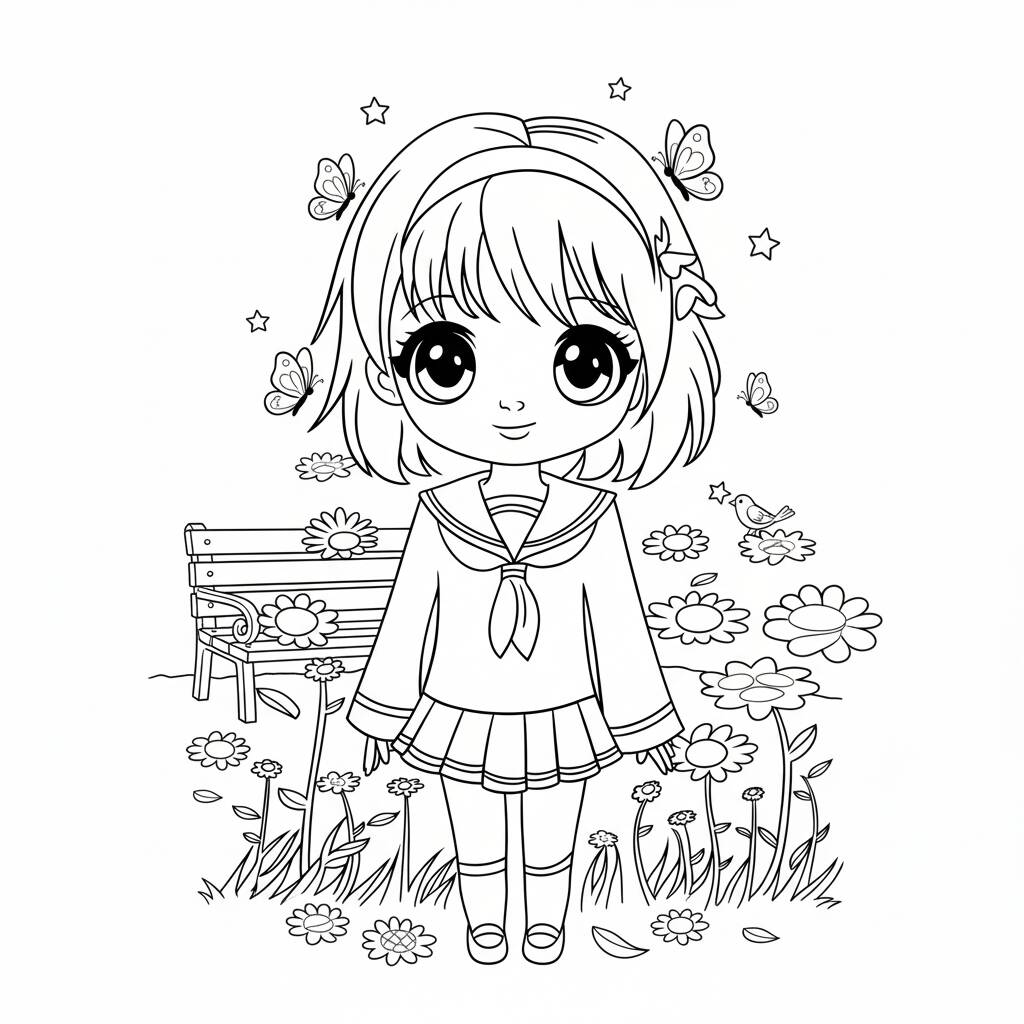 Desenho de Anime com uma garota rodeada de flores para colorir