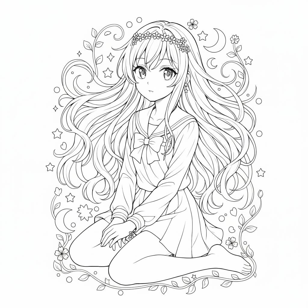 Desenho de Anime com uma garota sentada para colorir