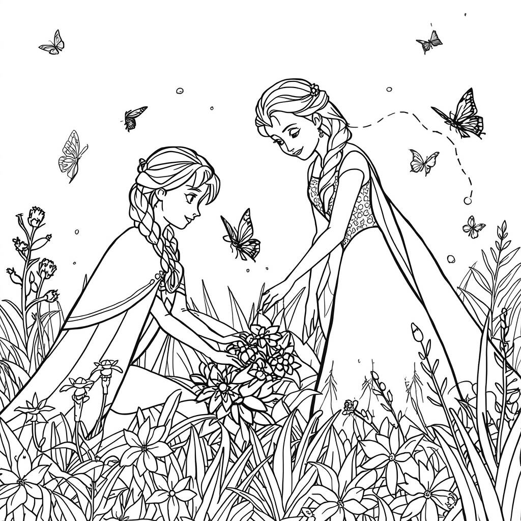 Desenho de Anna e Elsa em um campo de flores para Colorir