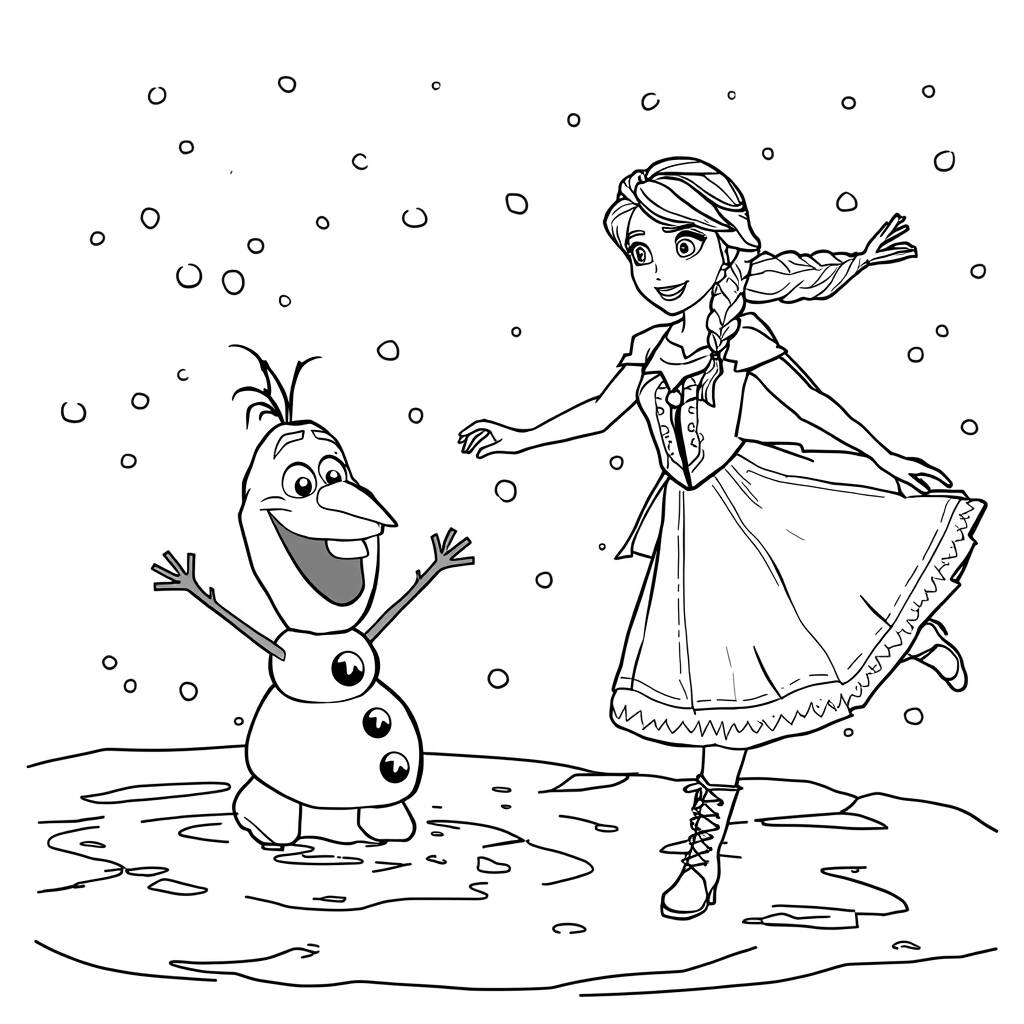 Desenho de Anna e Olaf na neve para Colorir