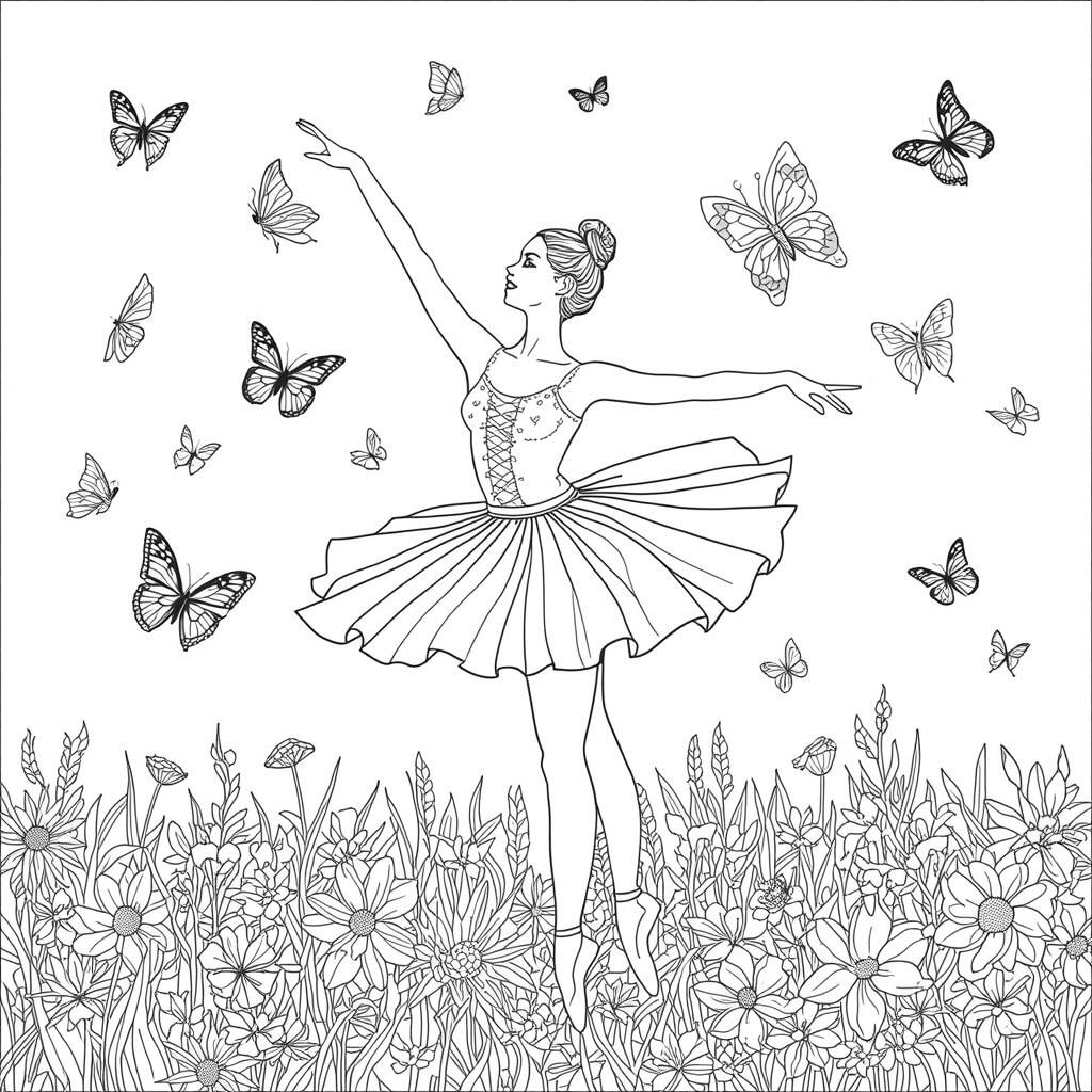 Ballerina Coloring Page with Butterflies