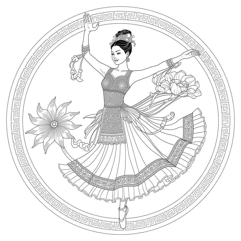 Desenho de Bailarina para Colorir com Estilo Oriental