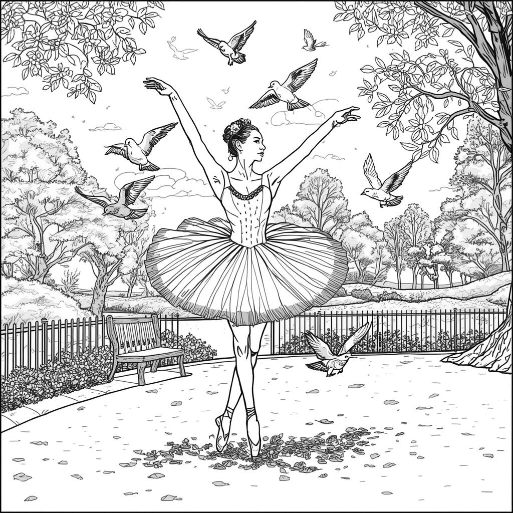 Desenho de Bailarina para Colorir com Pássaros
