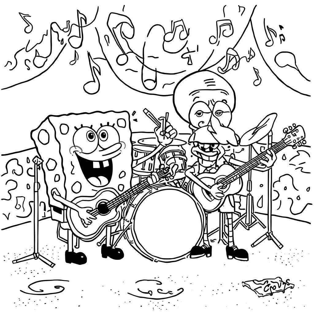 Desenho de Bob Esponja e Lula Molusco para Colorir