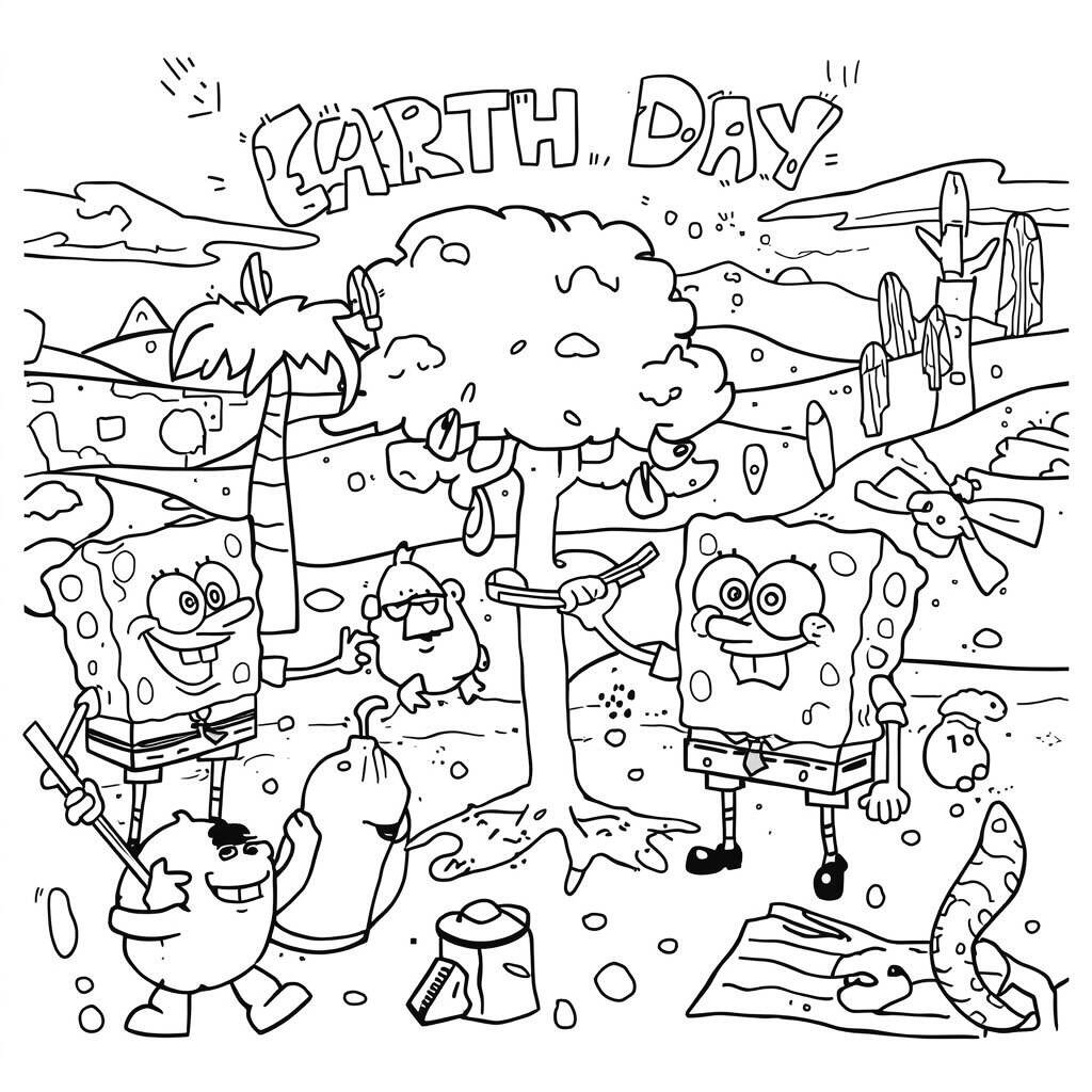 Desenho de Bob Esponja e o Dia da Terra para Colorir