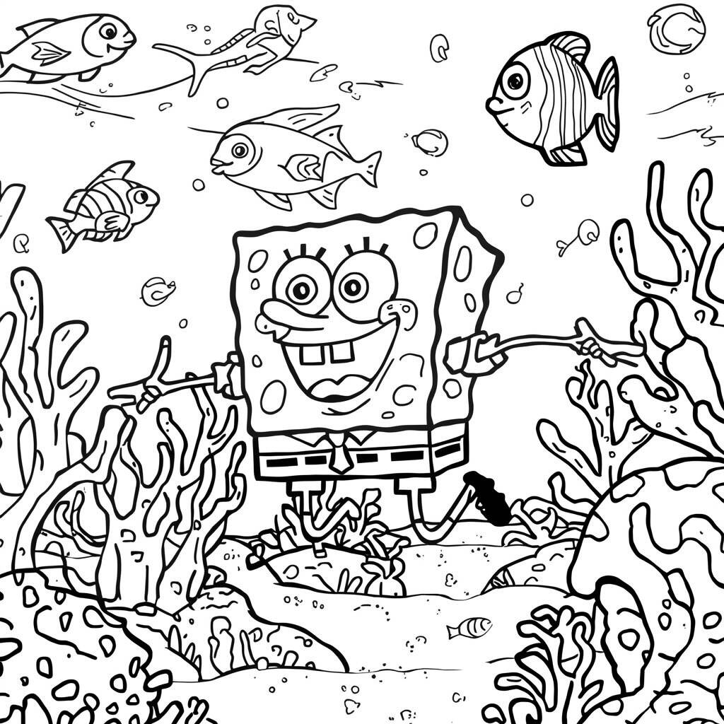 Desenho de Bob Esponja e os Peixes para Colorir