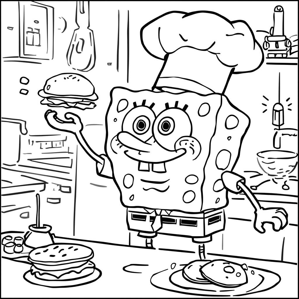 Dibujo para colorear Bob Esponja en la freidora