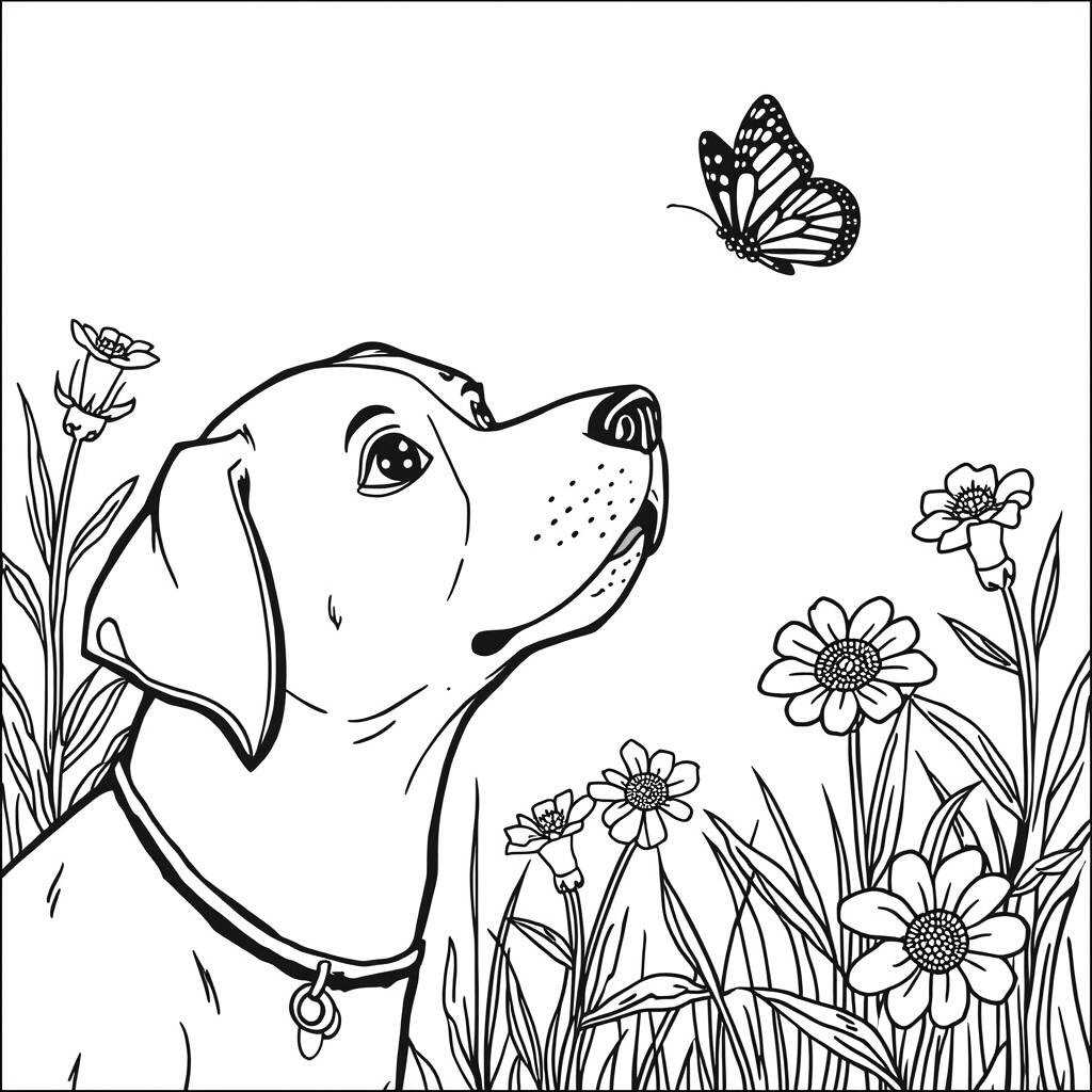 Desenho de Cachorro e Borboleta para Colorir