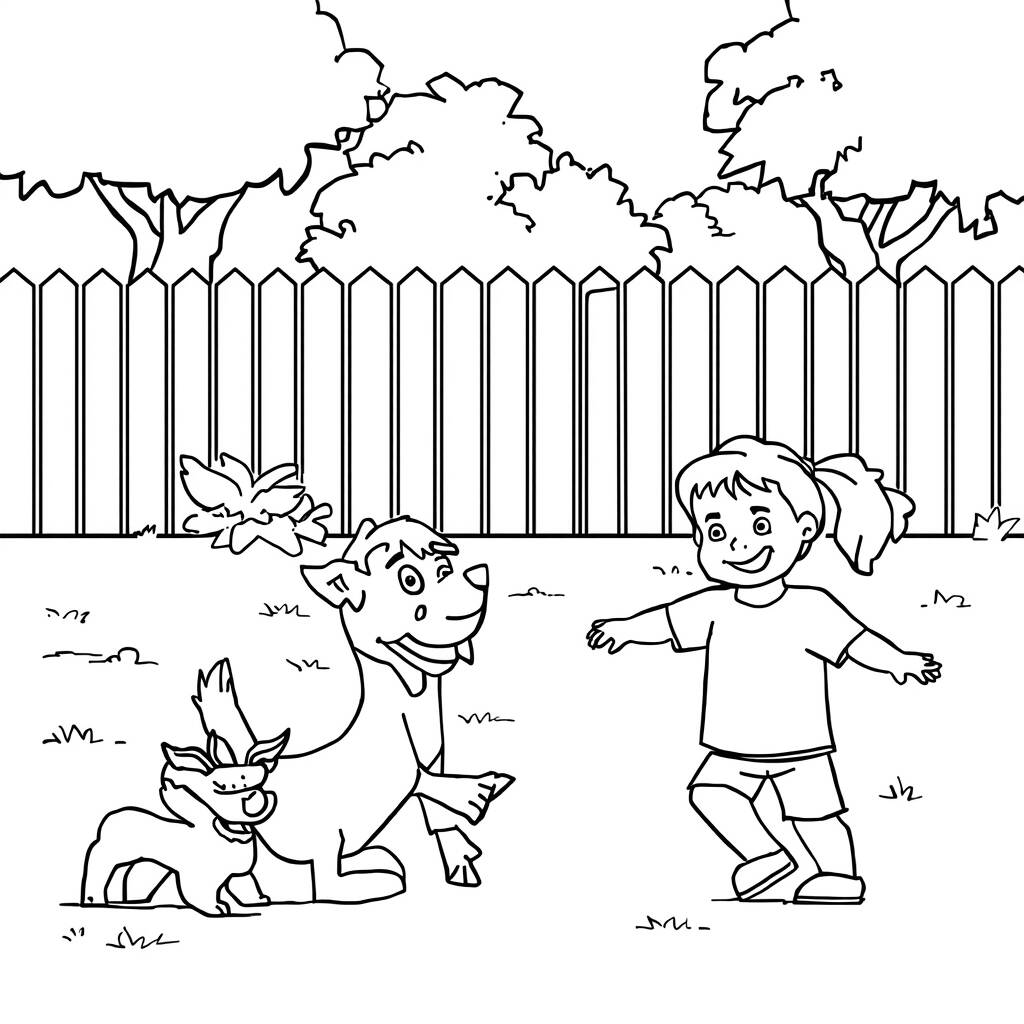 Desenho de Cachorro e Criança Brincando para Colorir