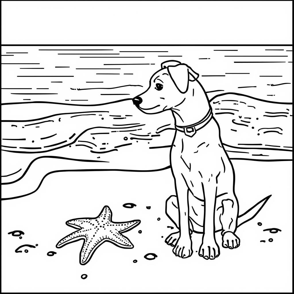 Desenho de Cachorro e Estrela do Mar para Colorir