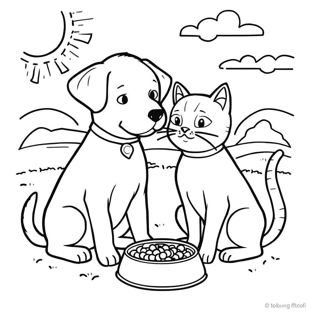 Desenho de Cachorro e Gato Amigos para Colorir