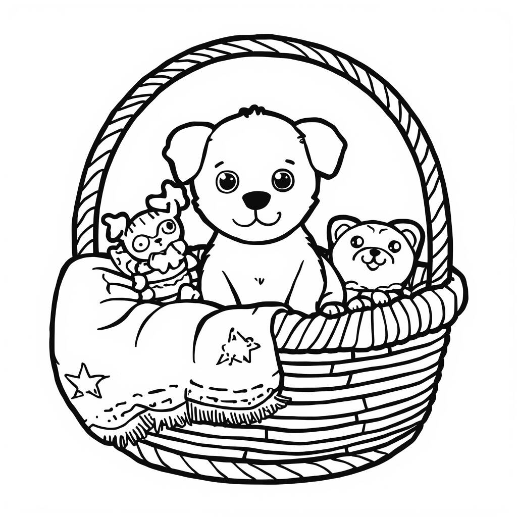Desenho de Cachorro em um Cesto para Colorir