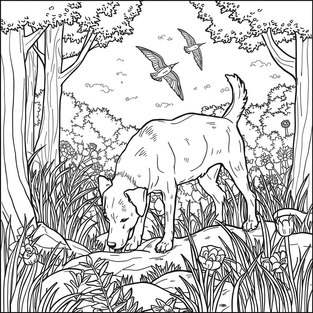 Desenho de Cachorro na Floresta para Colorir